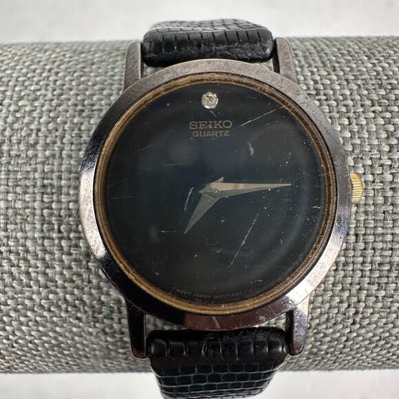 VTG Seiko Watch Womens 25mm Black Gold Tone Diamond Accent Elegant New Battery main image 14